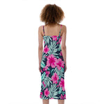 Pink Hibiscus Tropical Pattern Print Slim Fit Midi Cami Dress