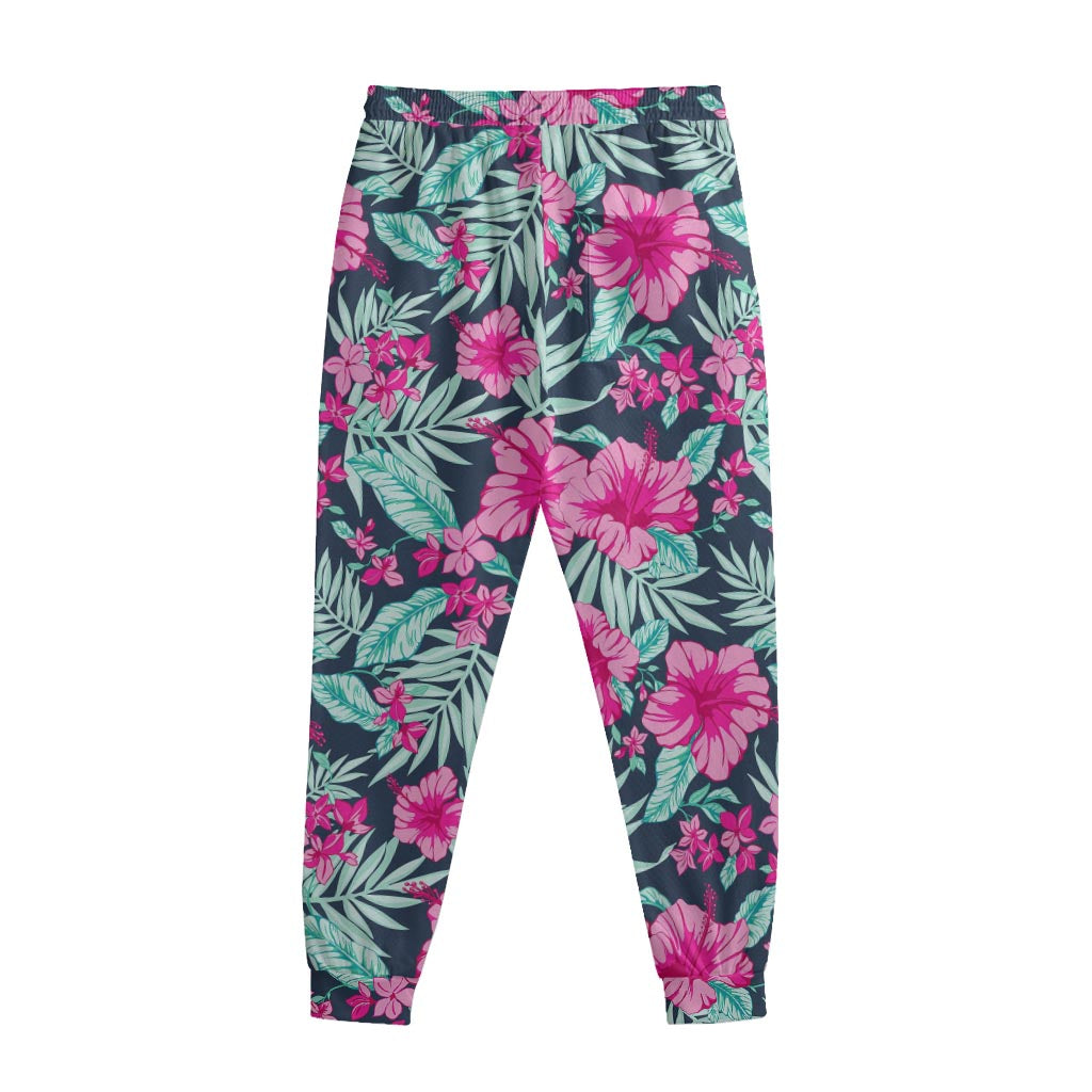 Pink Hibiscus Tropical Pattern Print Sweatpants
