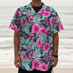 Pink Hibiscus Tropical Pattern Print Textured Short Sleeve Shirt