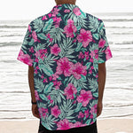 Pink Hibiscus Tropical Pattern Print Textured Short Sleeve Shirt