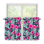 Pink Hibiscus Tropical Pattern Print Tier Curtains