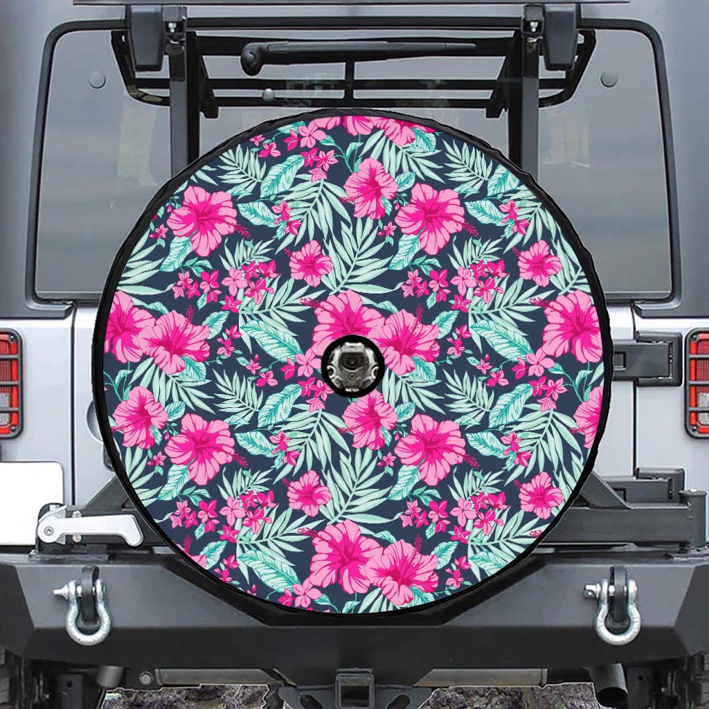 Pink Hibiscus Tropical Pattern Print Tire Cover With Camera Hole