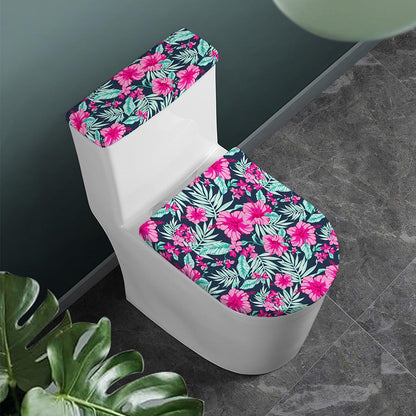 Pink Hibiscus Tropical Pattern Print Toilet Lid And Tank Cover Set