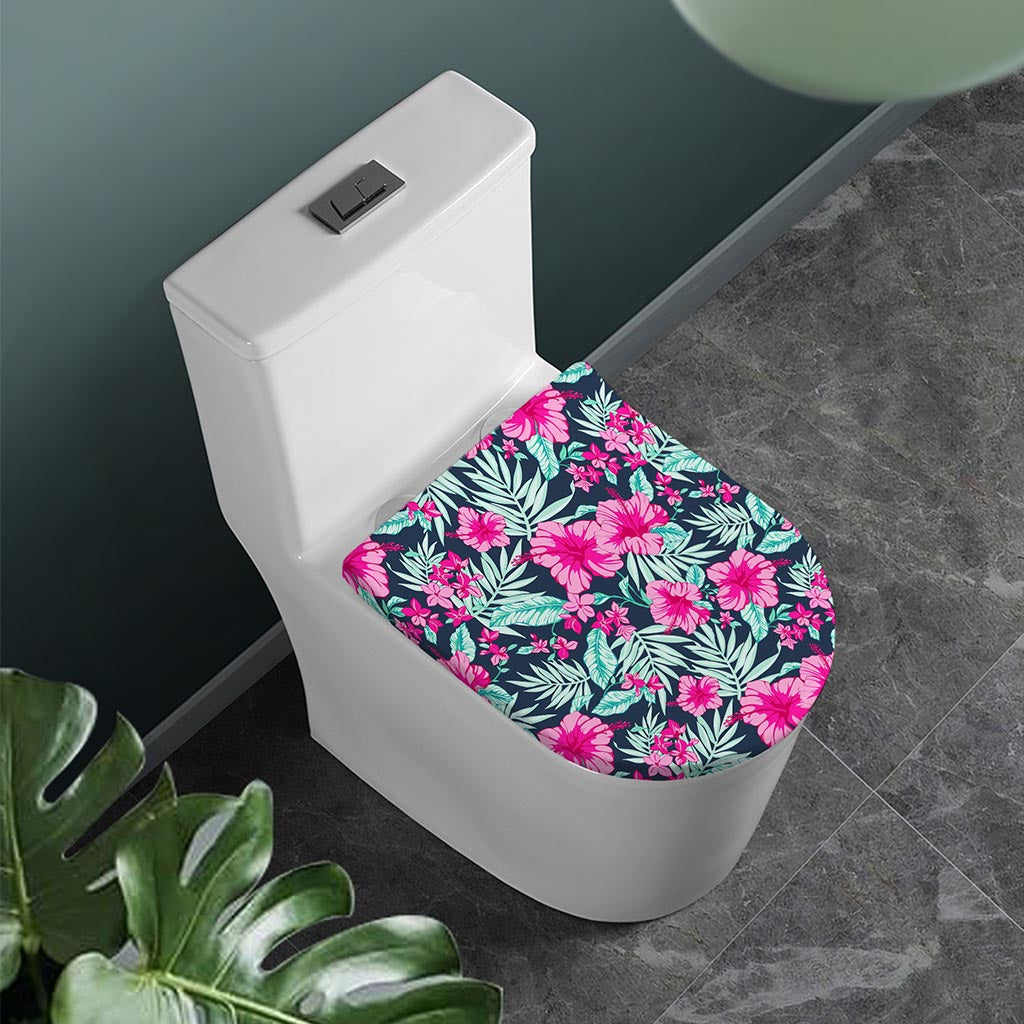 Pink Hibiscus Tropical Pattern Print Toilet Lid Cover