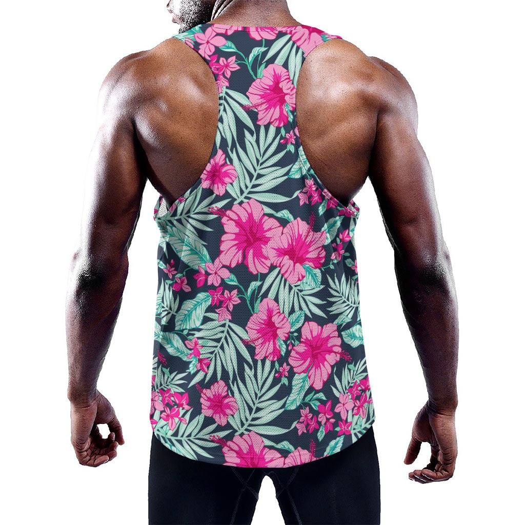 Pink Hibiscus Tropical Pattern Print Training Tank Top