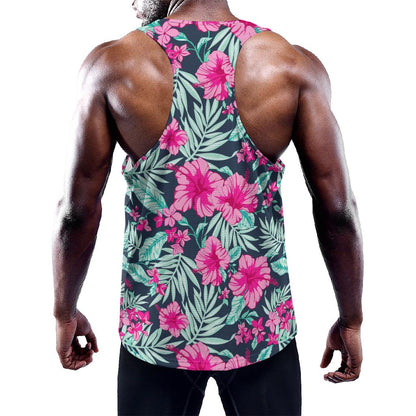 Pink Hibiscus Tropical Pattern Print Training Tank Top