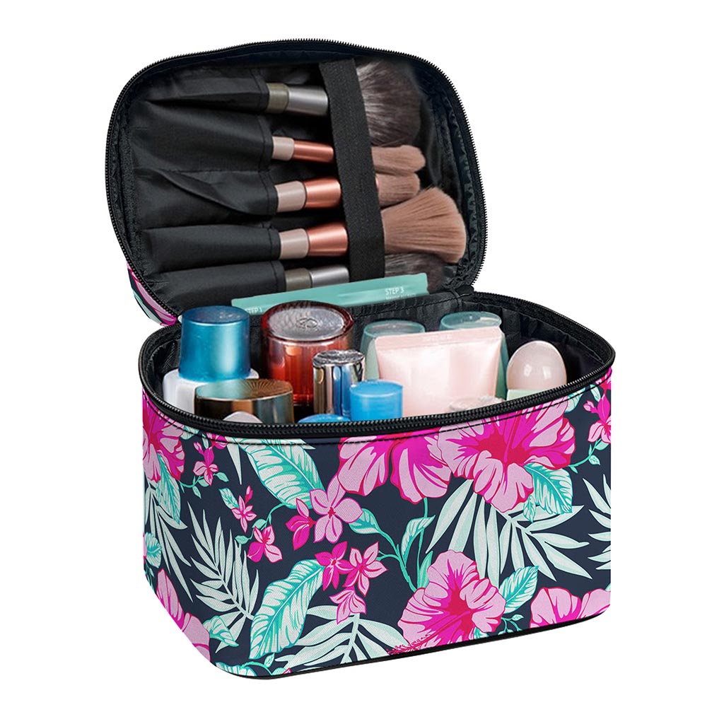 Pink Hibiscus Tropical Pattern Print Travel Makeup Bag