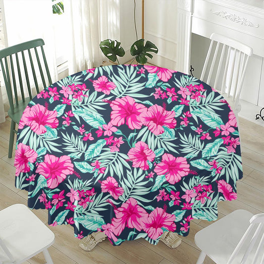 Pink Hibiscus Tropical Pattern Print Waterproof Round Tablecloth