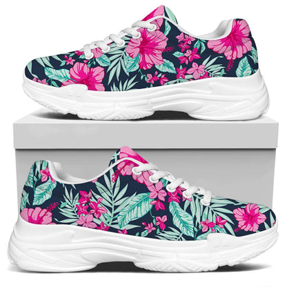 Pink Hibiscus Tropical Pattern Print White Chunky Shoes