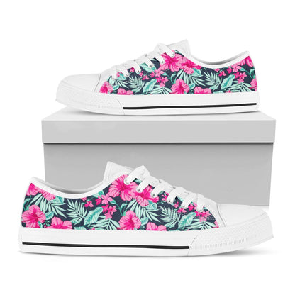 Pink Hibiscus Tropical Pattern Print White Low Top Sneakers