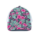 Pink Hibiscus Tropical Pattern Print White Mesh Trucker Cap
