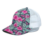 Pink Hibiscus Tropical Pattern Print White Mesh Trucker Cap