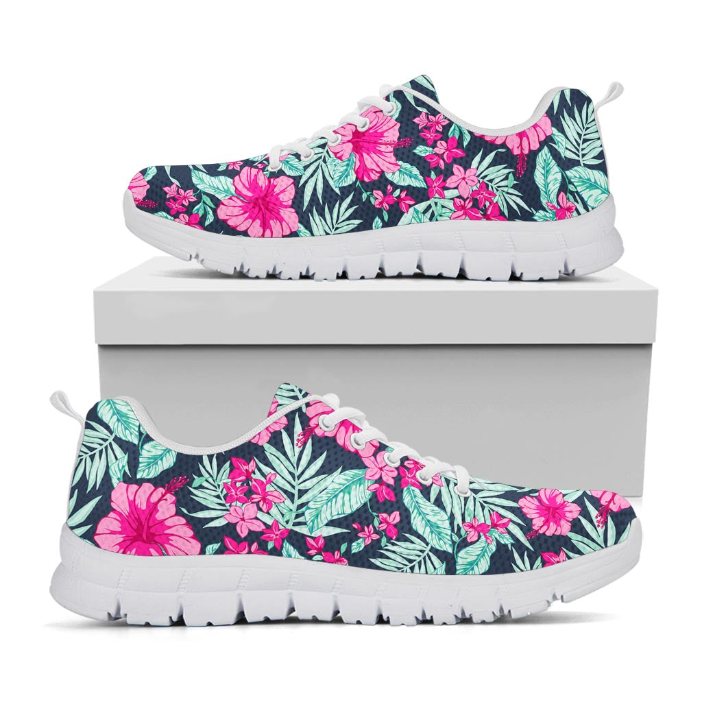 Pink Hibiscus Tropical Pattern Print White Running Shoes