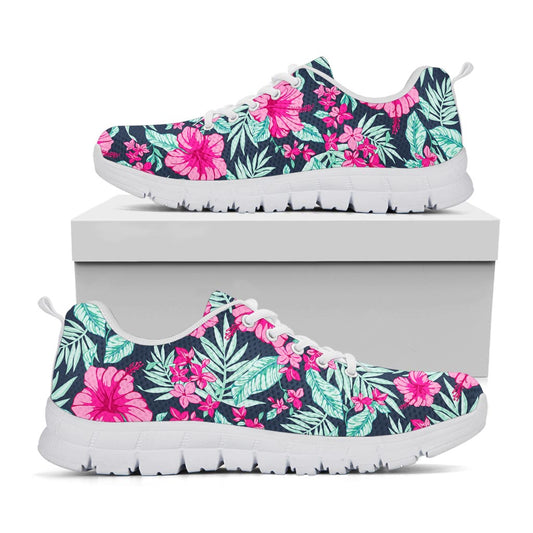 Pink Hibiscus Tropical Pattern Print White Running Shoes