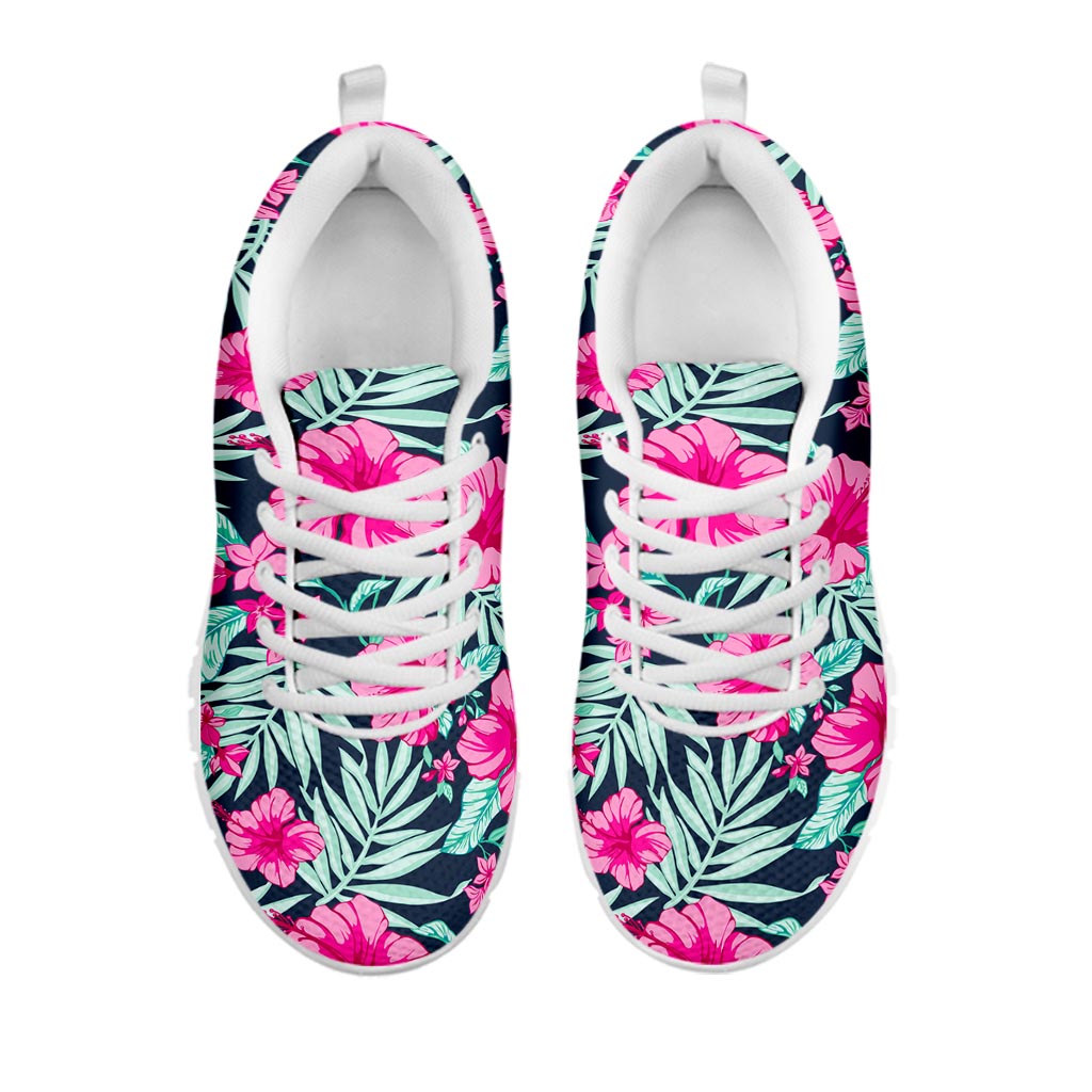 Pink Hibiscus Tropical Pattern Print White Running Shoes