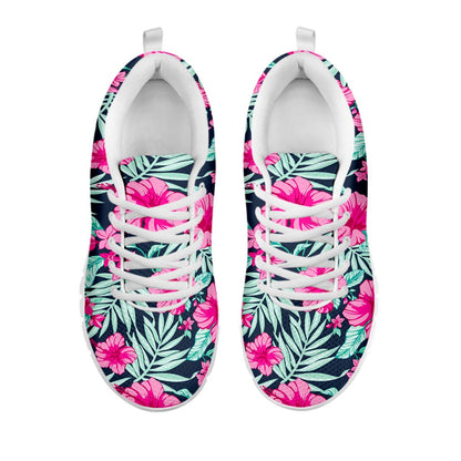 Pink Hibiscus Tropical Pattern Print White Running Shoes