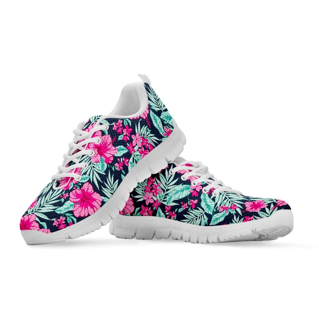 Pink Hibiscus Tropical Pattern Print White Running Shoes