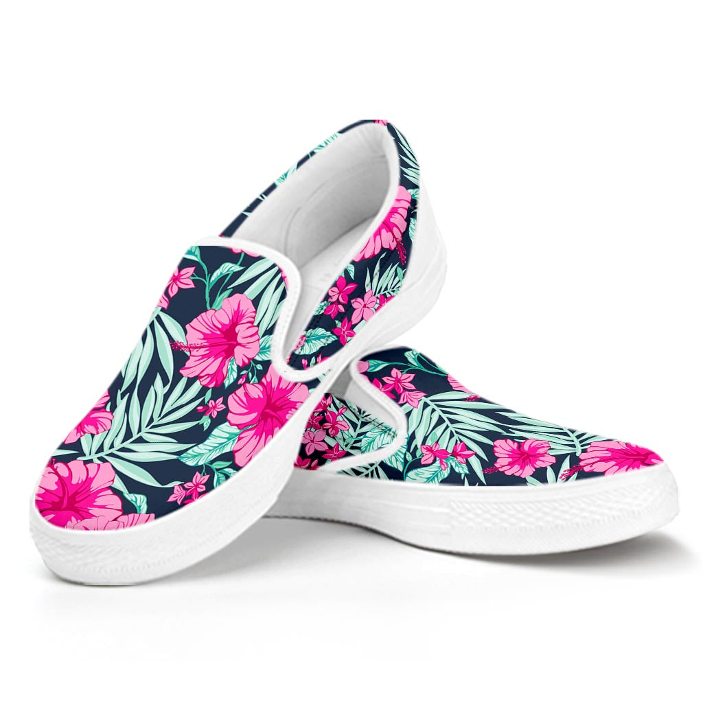 Pink Hibiscus Tropical Pattern Print White Slip On Sneakers