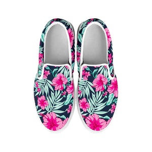 Pink Hibiscus Tropical Pattern Print White Slip On Sneakers