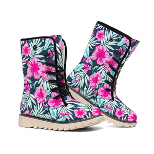 Pink Hibiscus Tropical Pattern Print Winter Boots