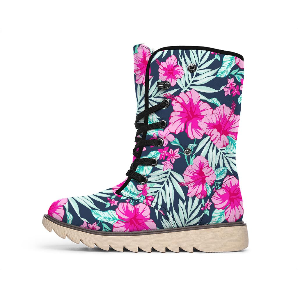 Pink Hibiscus Tropical Pattern Print Winter Boots