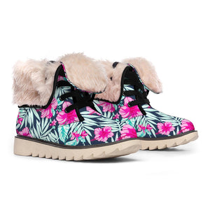 Pink Hibiscus Tropical Pattern Print Winter Boots