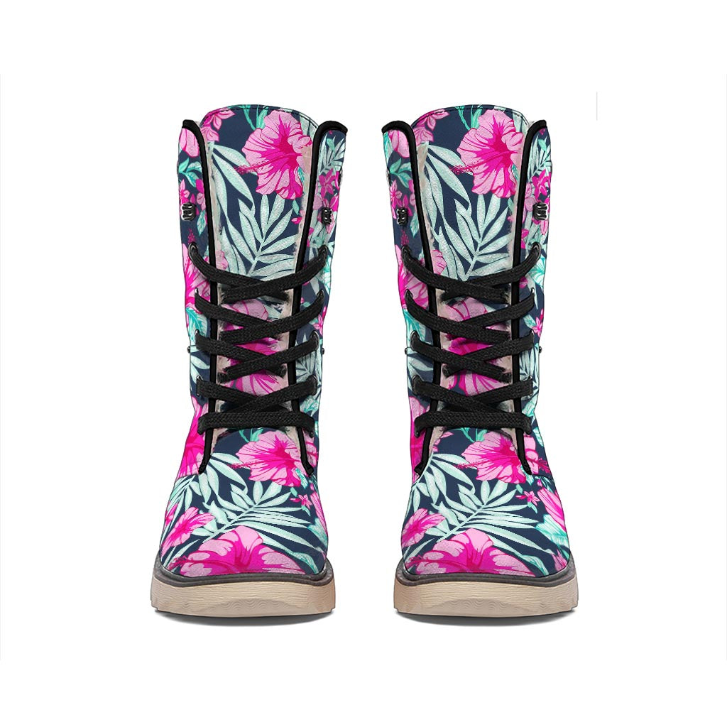 Pink Hibiscus Tropical Pattern Print Winter Boots