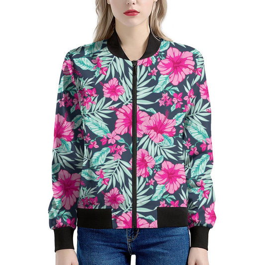 Pink Hibiscus Tropical Pattern Print Women's Bomber Jacket