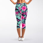 Pink Hibiscus Tropical Pattern Print Women's Capri Leggings