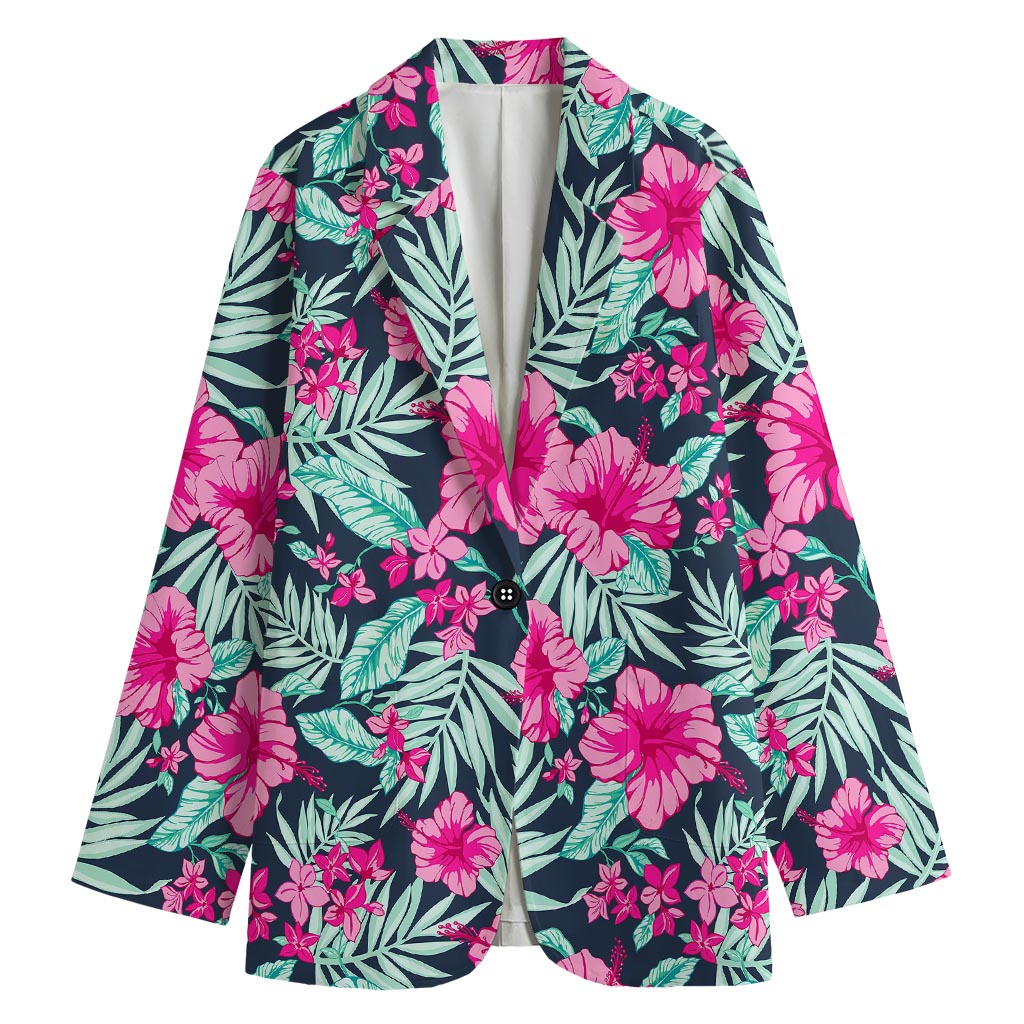 Pink Hibiscus Tropical Pattern Print Women's Cotton Blazer