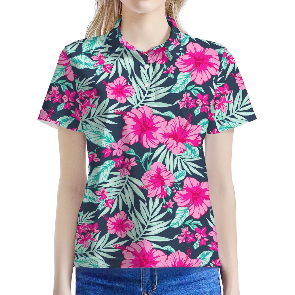 Pink Hibiscus Tropical Pattern Print Women's Polo Shirt