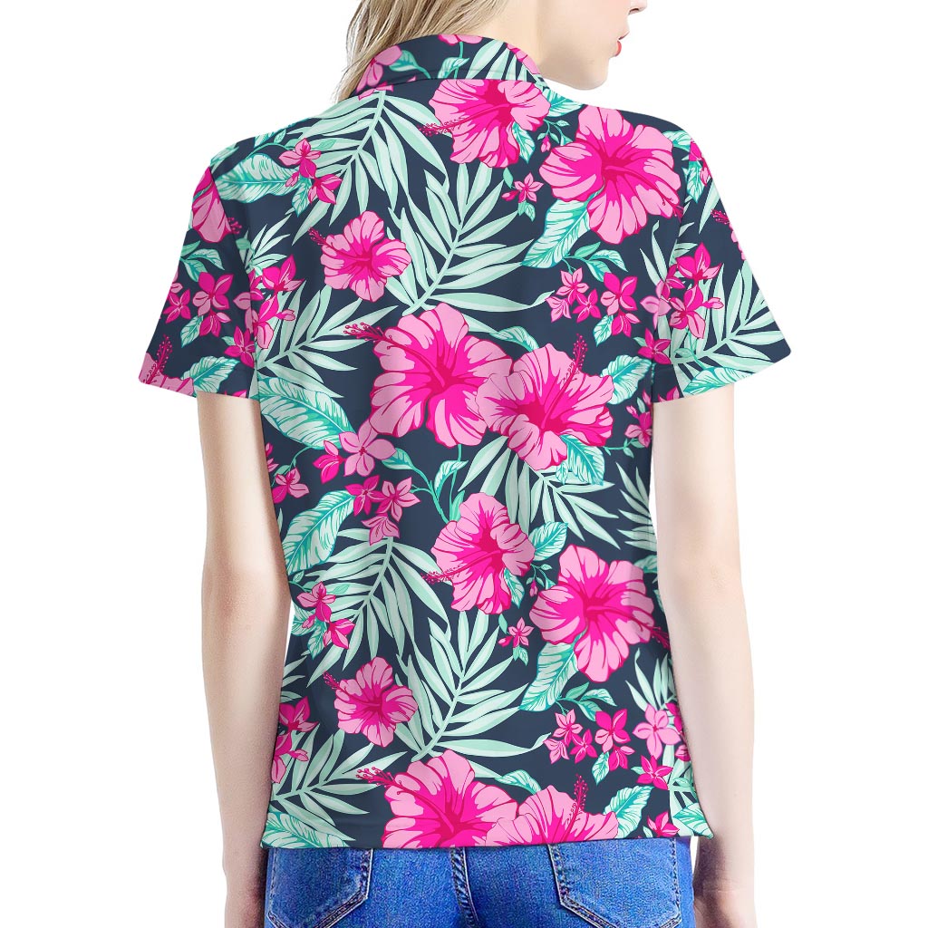 Pink Hibiscus Tropical Pattern Print Women's Polo Shirt