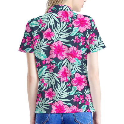 Pink Hibiscus Tropical Pattern Print Women's Polo Shirt