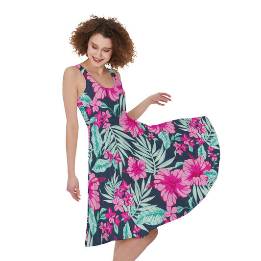 Pink Hibiscus Tropical Pattern Print Women's Sleeveless Dress