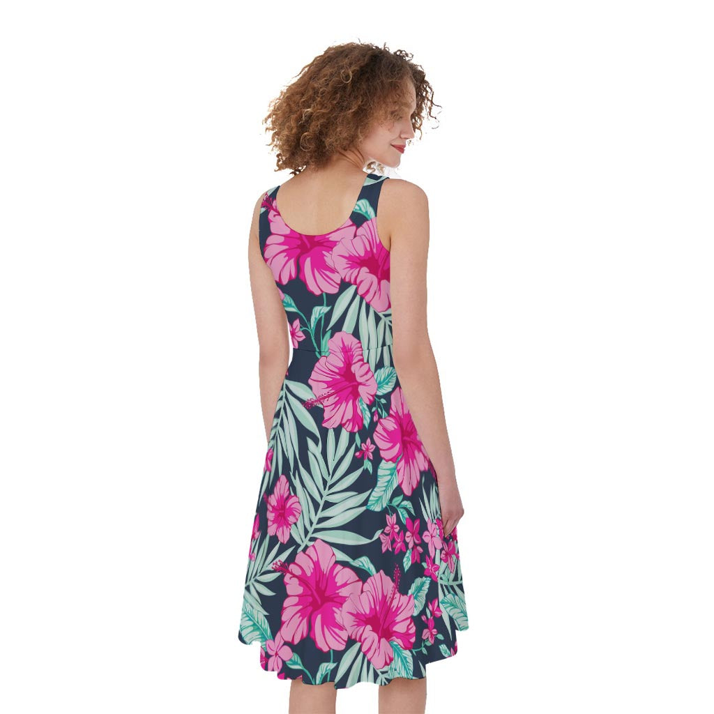 Pink Hibiscus Tropical Pattern Print Women's Sleeveless Dress