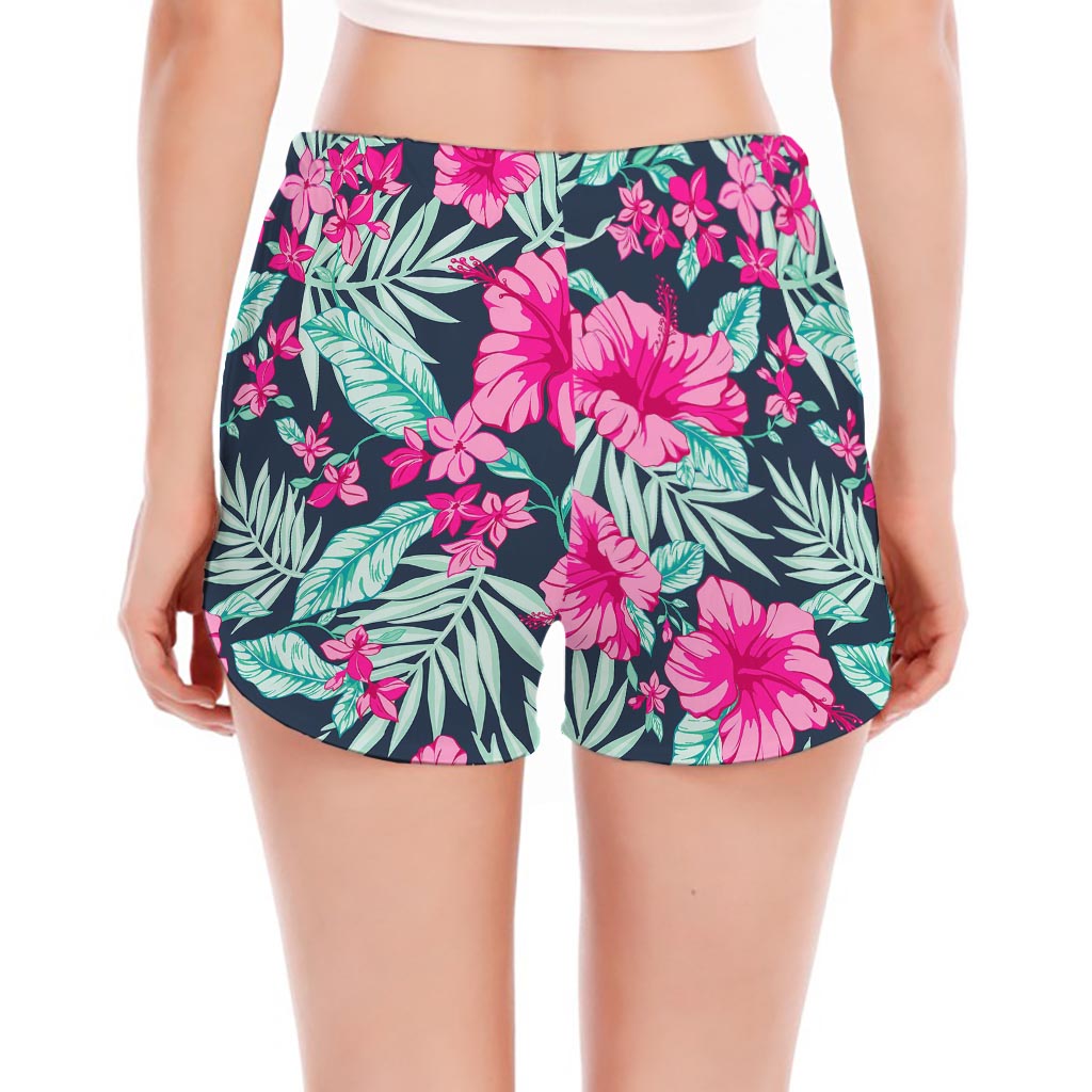 Pink Hibiscus Tropical Pattern Print Women's Split Running Shorts