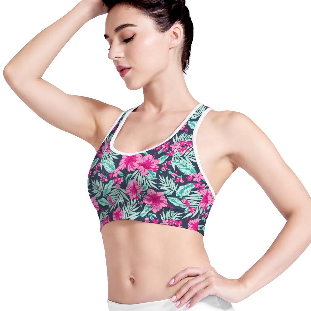 Pink Hibiscus Tropical Pattern Print Women's Sports Bra