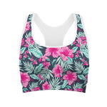 Pink Hibiscus Tropical Pattern Print Women's Sports Bra