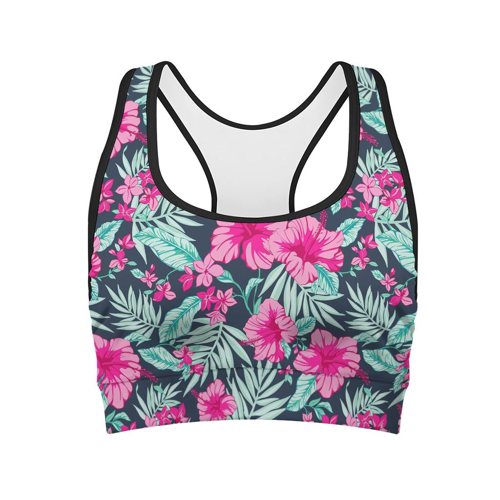 Pink Hibiscus Tropical Pattern Print Women's Sports Bra