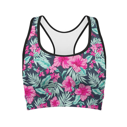 Pink Hibiscus Tropical Pattern Print Women's Sports Bra
