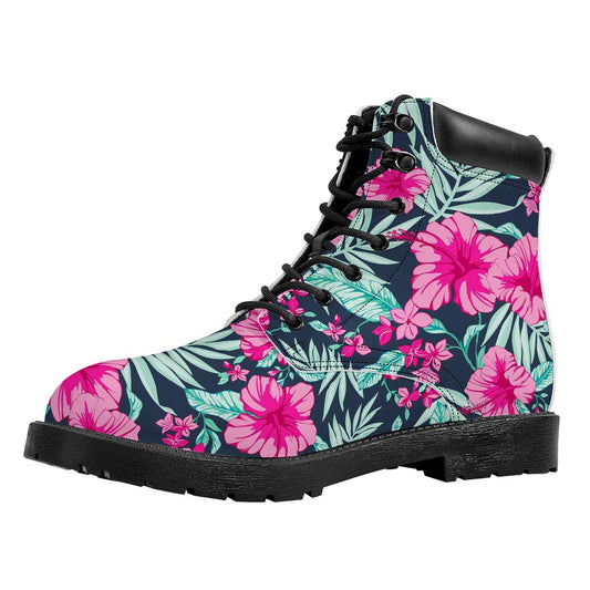 Pink Hibiscus Tropical Pattern Print Work Boots