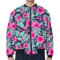 Pink Hibiscus Tropical Pattern Print Zip Sleeve Bomber Jacket