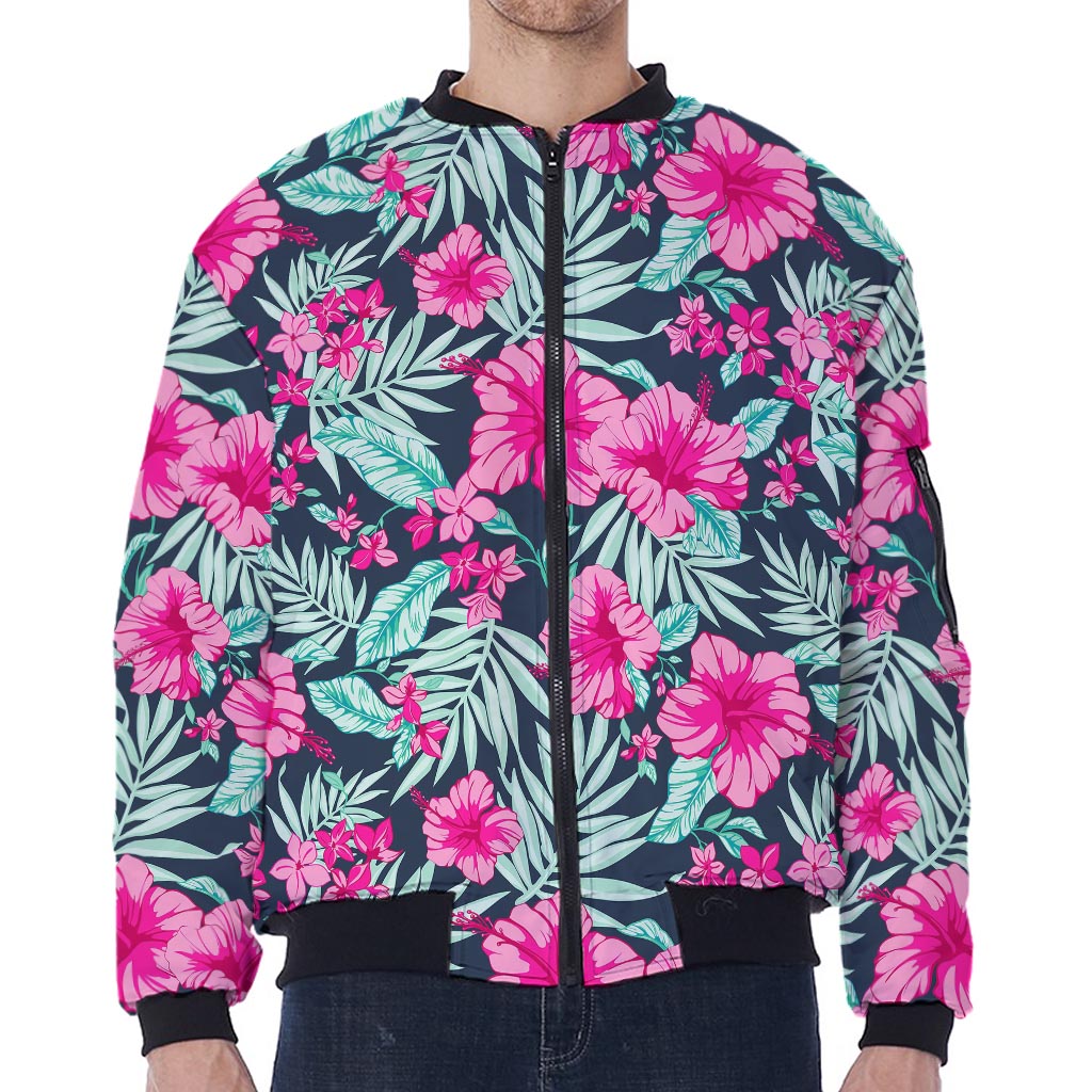 Pink Hibiscus Tropical Pattern Print Zip Sleeve Bomber Jacket