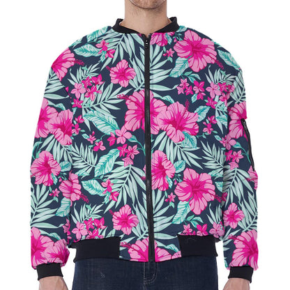Pink Hibiscus Tropical Pattern Print Zip Sleeve Bomber Jacket