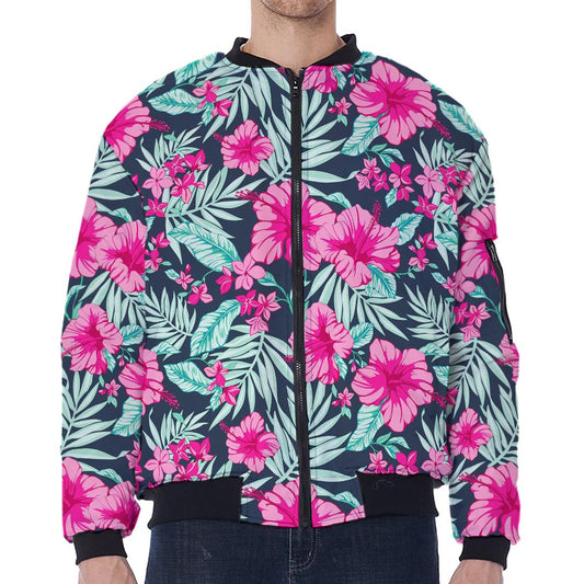 Pink Hibiscus Tropical Pattern Print Zip Sleeve Bomber Jacket