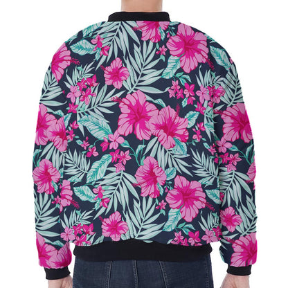Pink Hibiscus Tropical Pattern Print Zip Sleeve Bomber Jacket