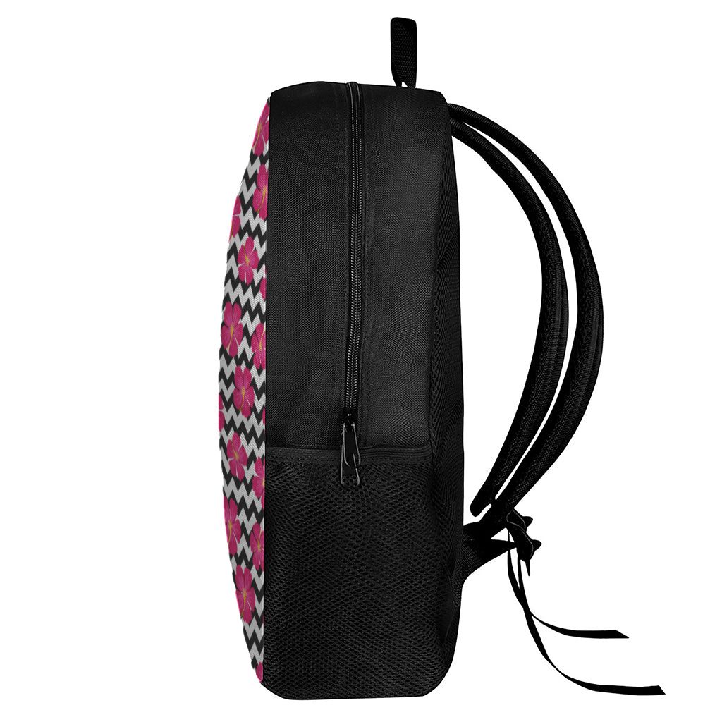 Pink Hibiscus Zigzag Pattern Print 17 Inch Backpack