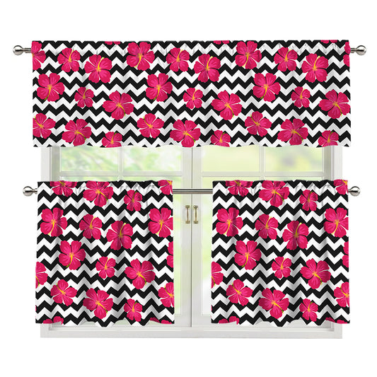 Pink Hibiscus Zigzag Pattern Print 3 Piece Kitchen Curtains