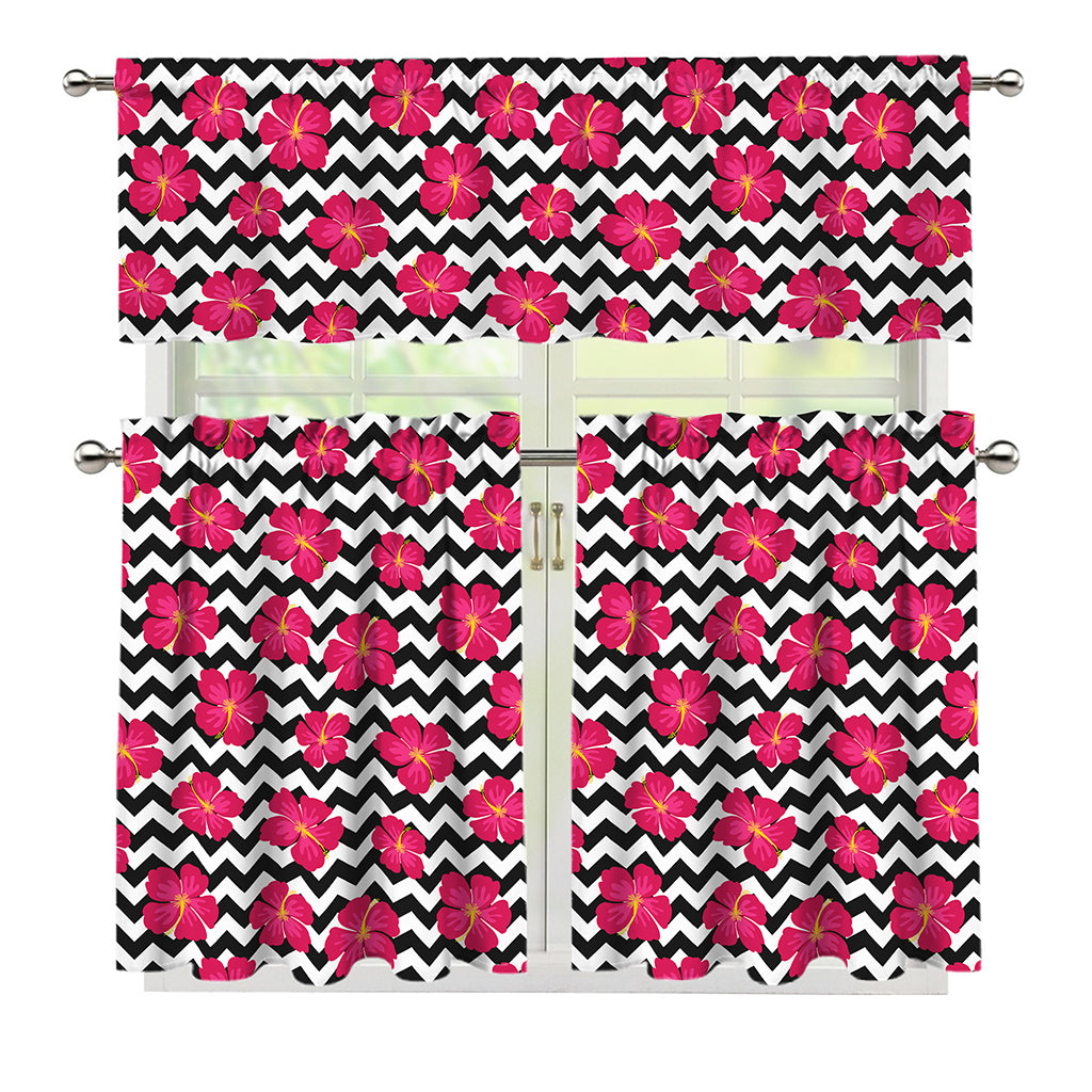 Pink Hibiscus Zigzag Pattern Print 3 Piece Kitchen Curtains