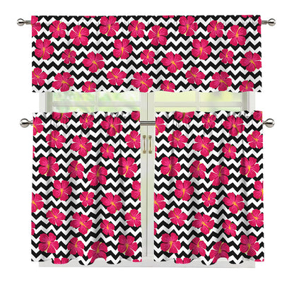 Pink Hibiscus Zigzag Pattern Print 3 Piece Kitchen Curtains
